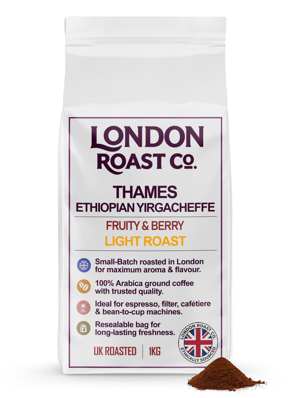 London Roast Co Thames Ethiopia Yirgacheffe Ground Coffee 1kg | Light Roast