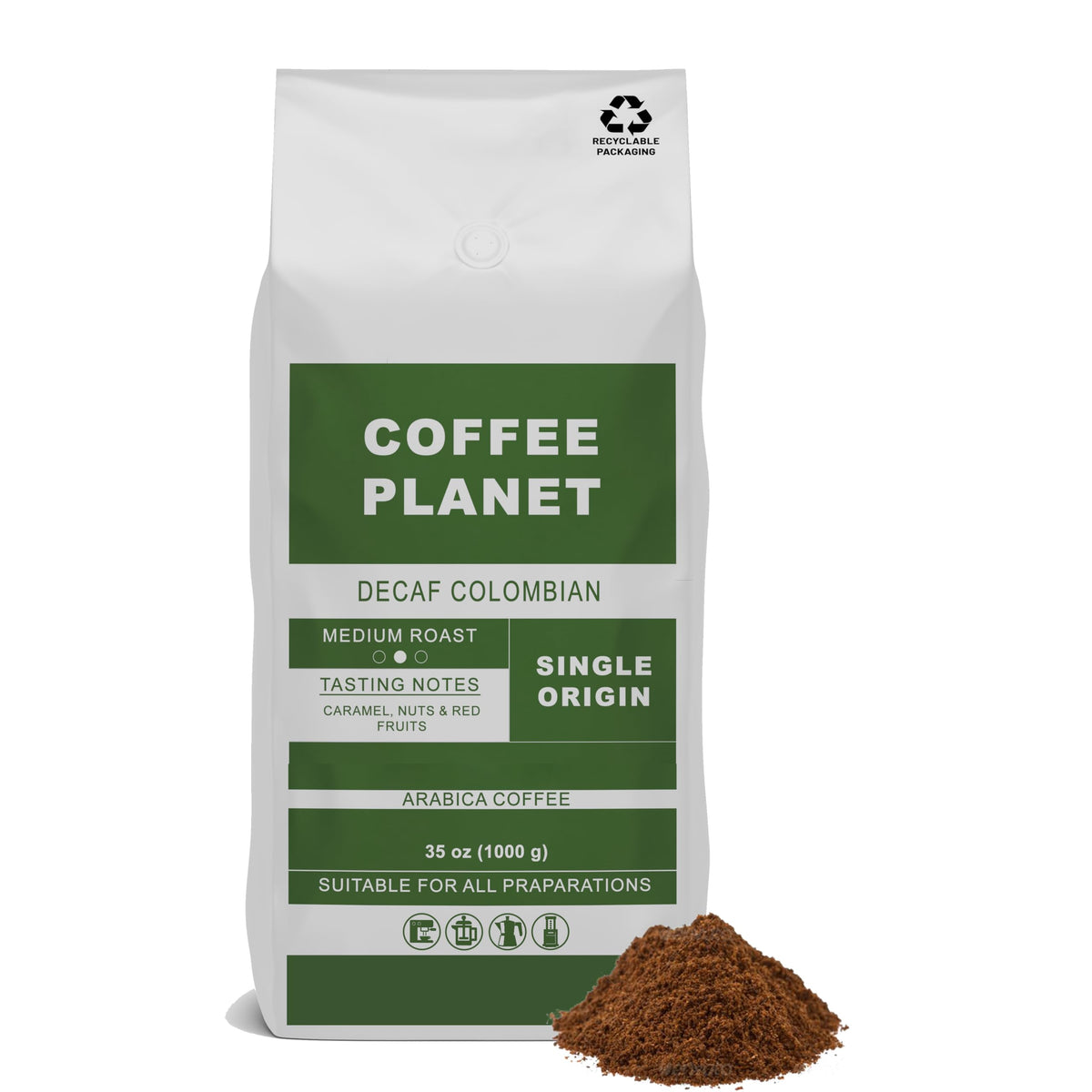 Coffee Planet Colombia Decaf Ground Coffee 1kg | Medium Roast