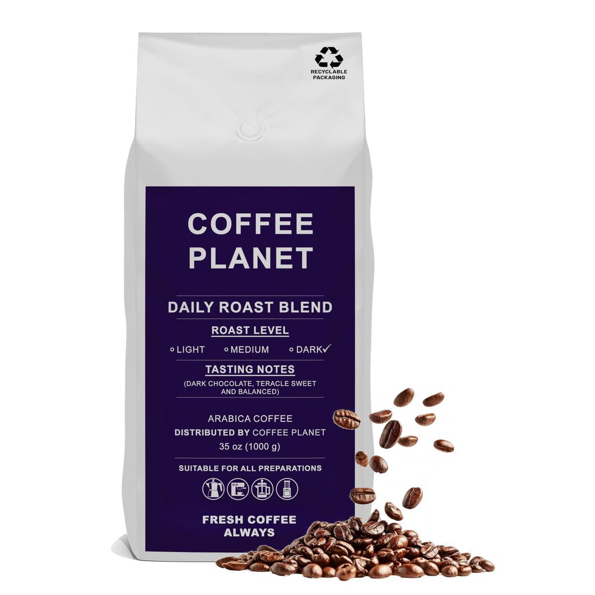 Coffee Planet Daily Roast Blend Coffee Beans 1kg | Dark Roast