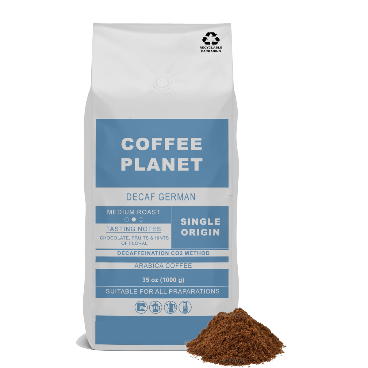 Coffee Planet German CO2 Decaf Ground Coffee 1kg | Medium Roast