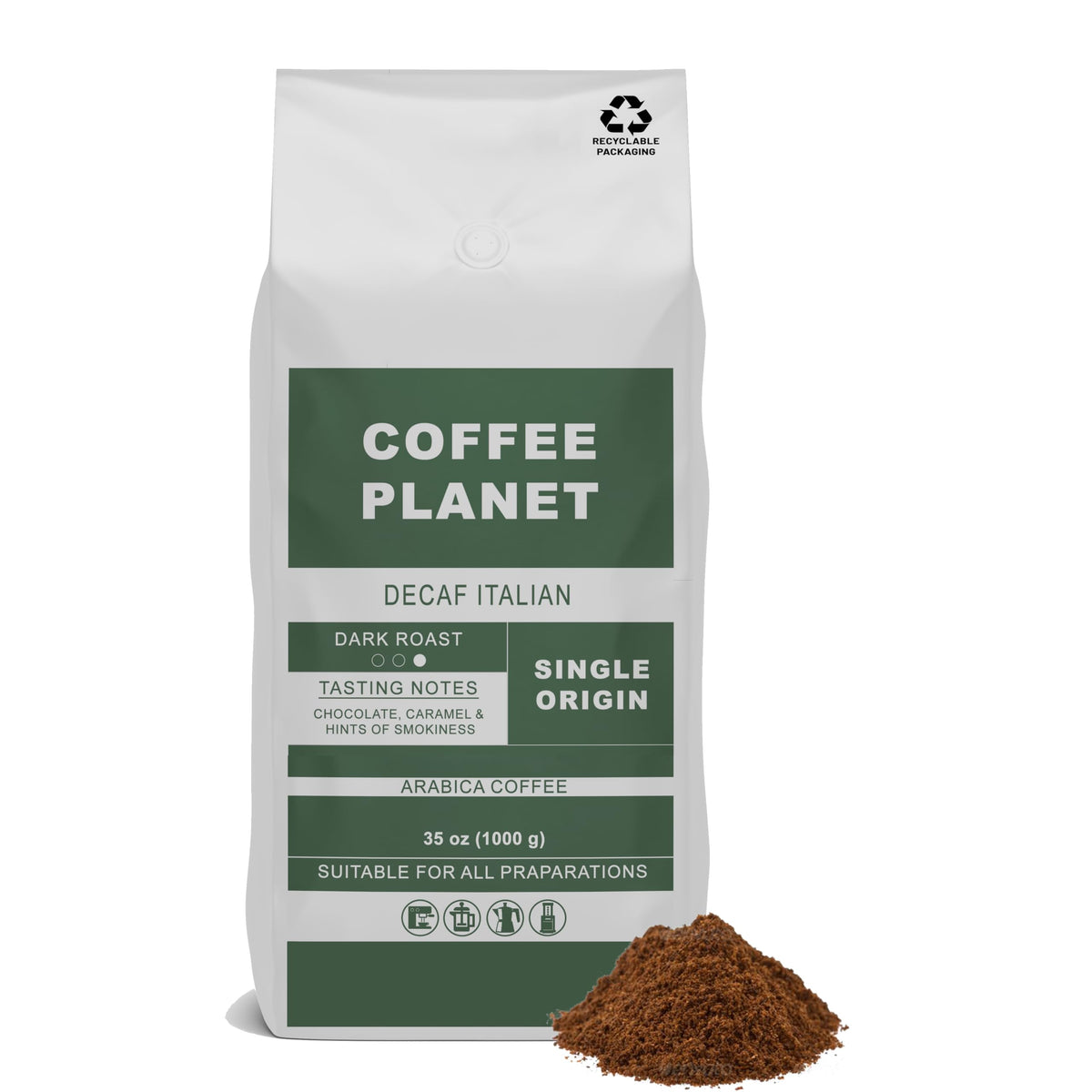 Coffee Planet Italian Decaf Ground Coffee 1kg | Dark Roast