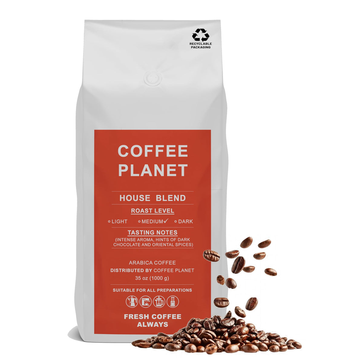 Coffee Planet House Blend Coffee Beans 1kg | Medium Roast
