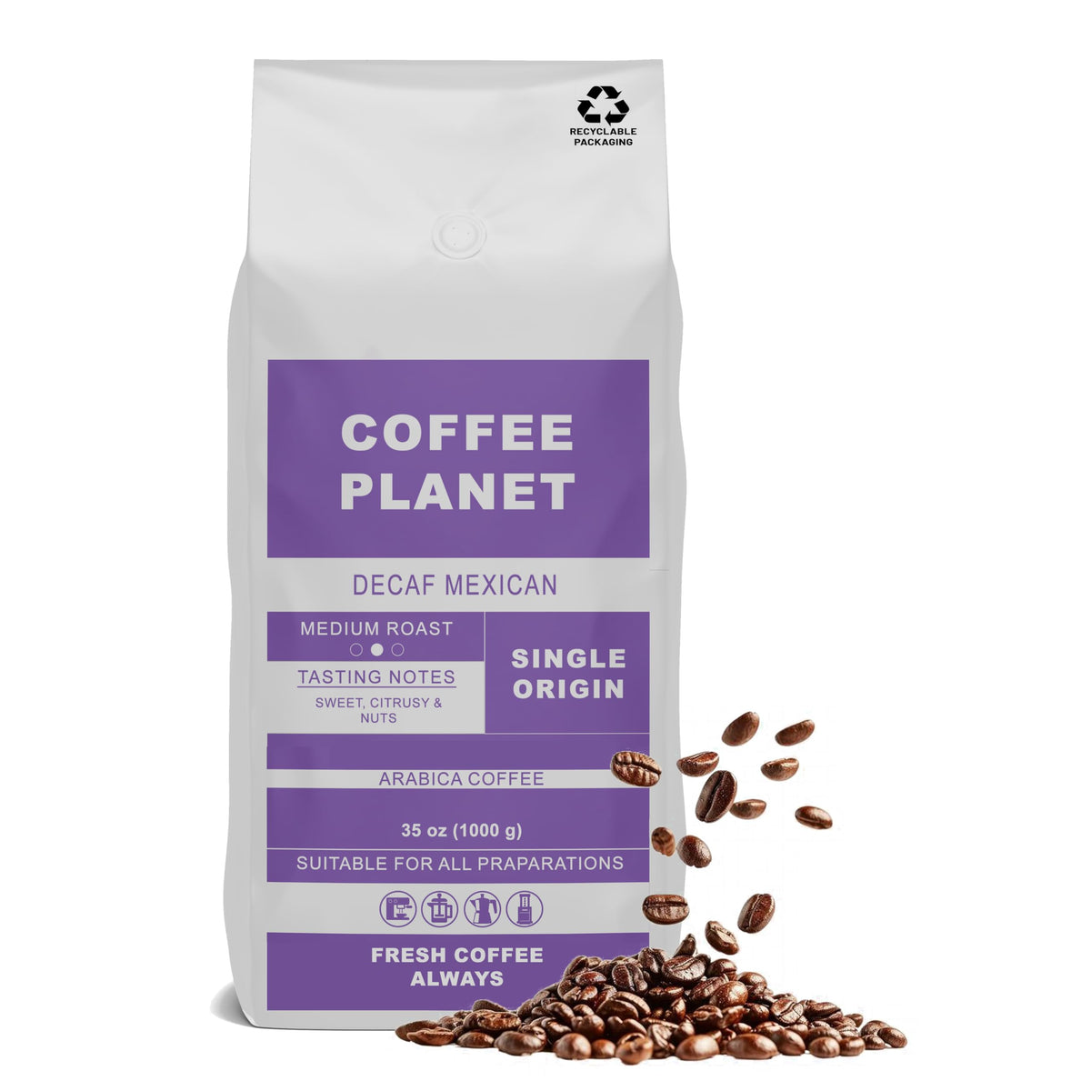 Coffee Planet Mexican Decaf Coffee Beans | Medium Roast