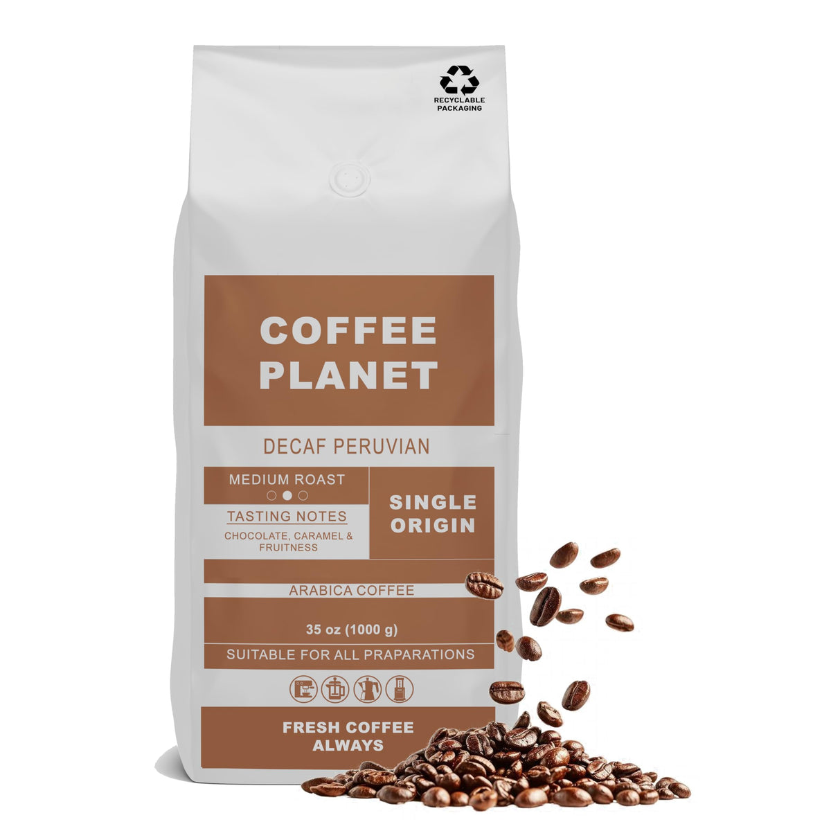 Coffee Planet Peruvian Decaf Coffee Beans 1kg | Medium Roast
