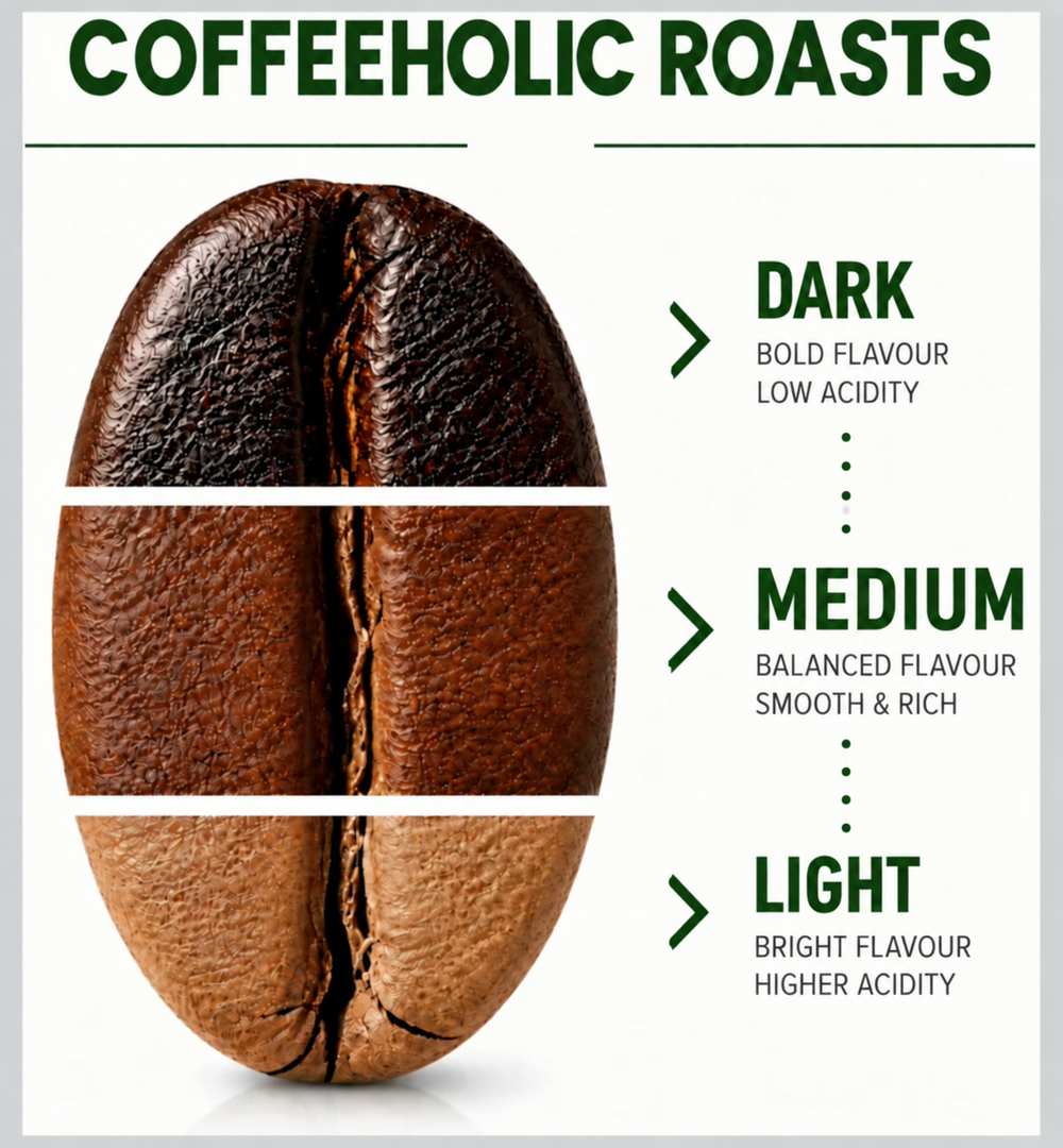 Coffeeholic roast guide showing dark, medium and light roasted coffee beans