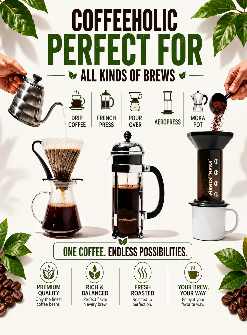 Coffeeholic brewing guide with pour-over, French press and AeroPress coffee makers