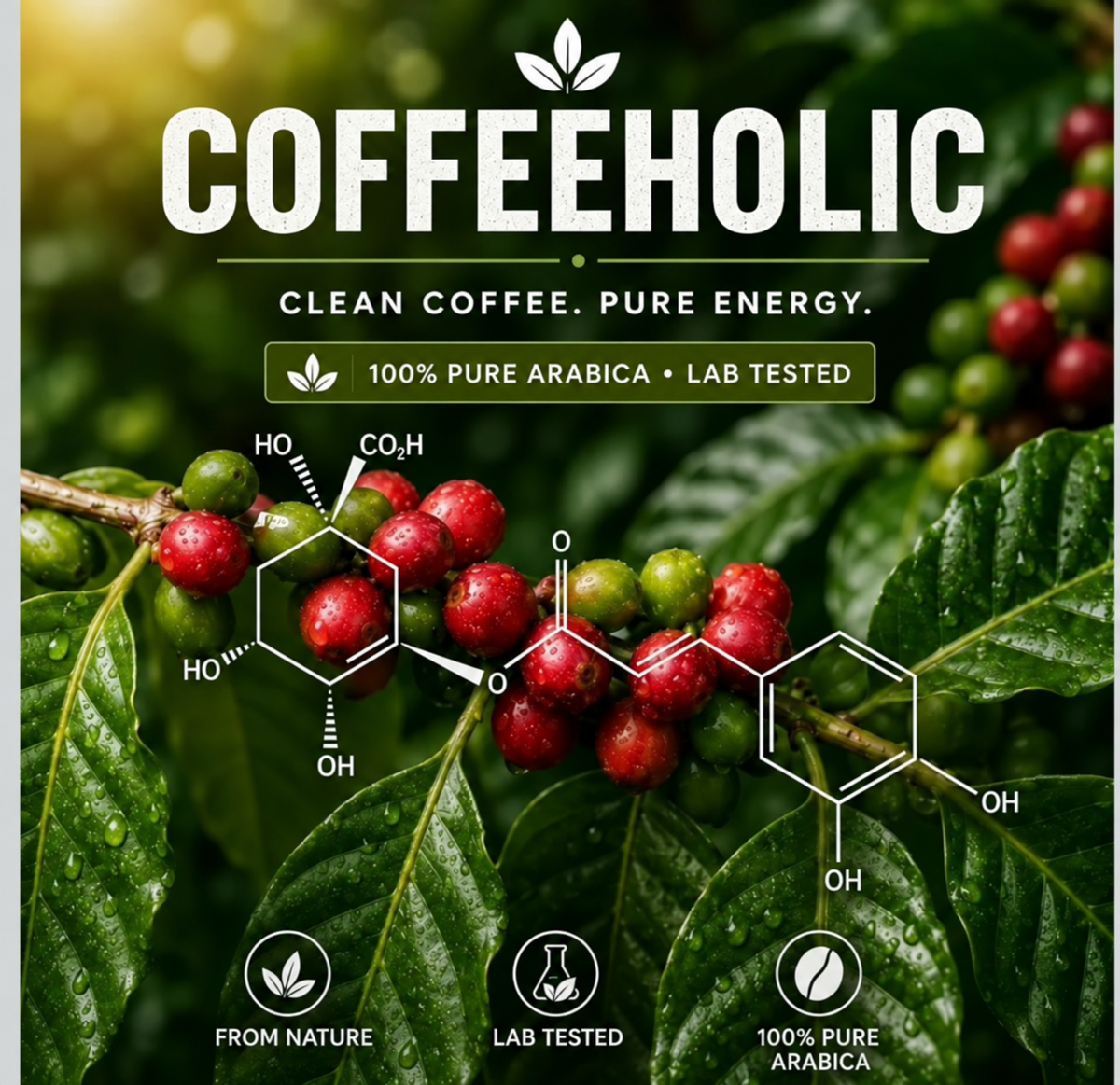 Coffeeholic artwork featuring coffee cherries and leaves