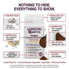 London Roast Co Thames Ethiopia Yirgacheffe Ground Coffee 1kg | Light Roast