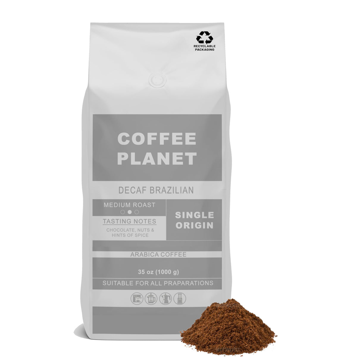 Coffee Planet Brazilian Decaf Ground Coffee 1kg | Medium Roast